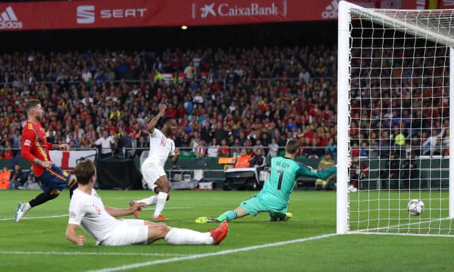 Raheem Sterling scores the third goal against Spain in the October 2018 Nations League match in Seville