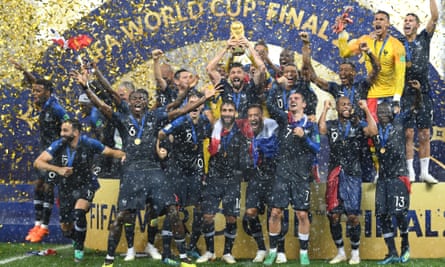 Olivier Giroud celebrating with the France squad after winning the World Cup in July 2018.