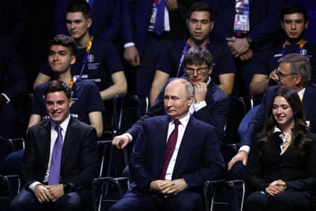 Nikita Nagornyy with Vladimir Putin and the figure skater Kamila Valieva at the opening ceremony of the Games of the Future event in Kazan.