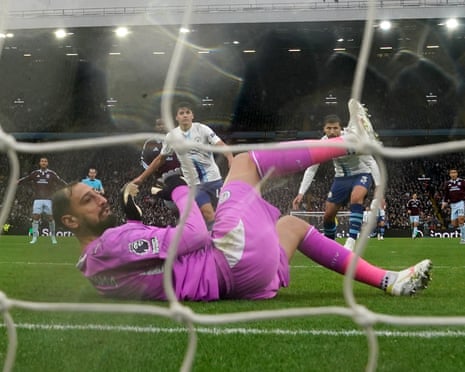 Gianluigi Donnarumma looks towards his goal after allowing Aston Villa’s weekend winner