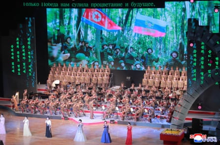 A photo released by the official North Korean Central News Agency (KCNA) shows a performance by North Korean artistes attended by (not pictured) Russian Culture Minister Olga Lyubimova, North Korean leader Kim Jong-un and his daughter Kim Ju Ae in Pyongyang, North Korea, 29 June 2025 (issued 30 June 2025). According to KCNA, Lyubimova is visiting North Korea on the first anniversary of the signing of the new treaty between the DPRK and Russia. EPA/KCNA EDITORIAL USE ONLY