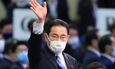 Fumio Kishida  reacts after being elected president  at the LDP presidential election in Tokyo