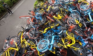 Share bikes dumped in huge piles near the entrance of Xiashan park in Shenzhen.