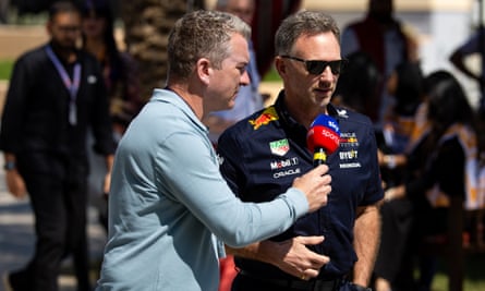 Christian Horner speaks to the media in Bahrain.