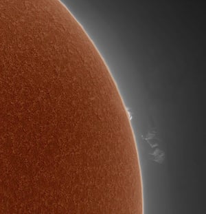 Young competition runner-up: Detached Prominences by Thea Hutchinson (UK), aged 13This is the sun, captured from London in September 2019. This is a composite of two images: one exposed for the solar prominences and the other for the solar disc. The solar disc image was inverted, converted to false colour and blended with the prominence in Photoshop as a dark layer. This was the first time the photographer used this technique