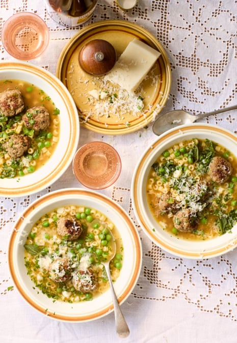 spring meatballs with pasta and peas