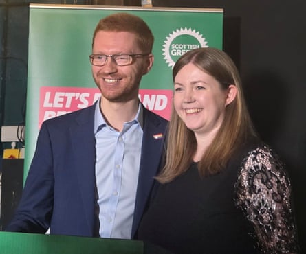 Scottish Green co-leaders Gillian MacKay and Ross Greer pose for photos at their campaign launch