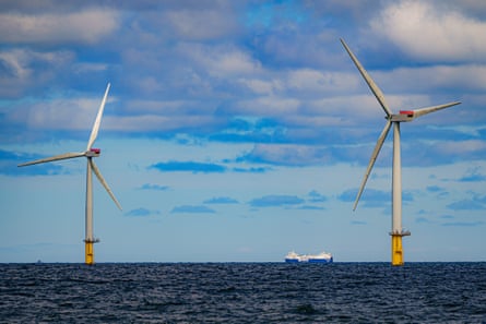 Offshore windfarms and a freighter sailing in the background