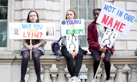 Young anti-Brexit protesters demonstrate at the gates of Downing Street.