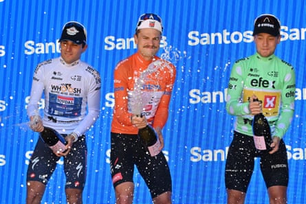Jay Vine celebrates with young rider winner Andrea Raccagni (L) from Italy and king of the mountain winner Martin Bugge Urianstad (R) from Norway