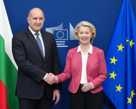 European Commission President Ursula von der Leyen, greets Bulgaria's prime minister Rumen Radev prior to a meeting at EU headquarters in Brussels, Belgium.