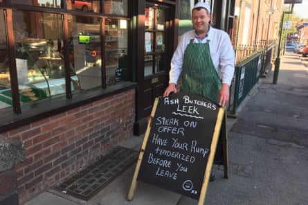 ‘Have your rump tenderized’ … butcher Pete Lymer, who has been told to tone down his signs.