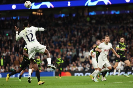 Emerson of Tottenham Hotspur heads the ball back into the danger zone where Harry Kane pounces and puts the ball into the net but the goal is disallowed for offside.