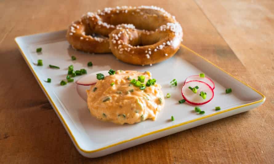Obatzda dip with a pretzel.