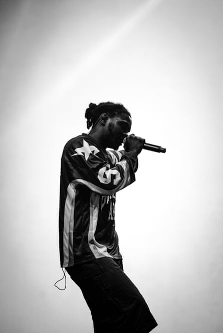 Rapper Pozer performing in 2025 (Reading & Leeds festival), black and white shot