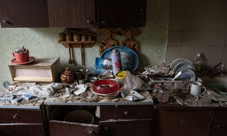 A kitchen interior of a heavily damaged house in Chernihiv, Ukraine.