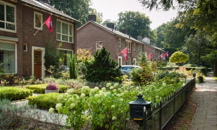 Airborne Regiment flags hanging on houses in Oosterbeek for the 70th anniversary of the Battle of Arnhem in 2014.