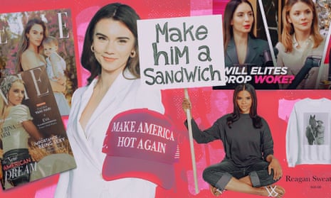 A collage of Brett Cooper, Candace Owens holding a sign that says "make him a sandwich" and copies of the magazine Evie