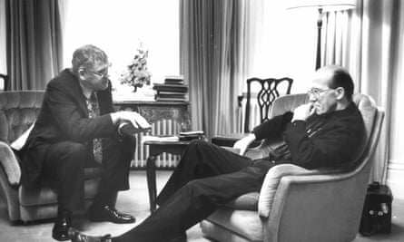 Terry Coleman, left, interviewing Derek Worlock, the Roman Catholic archbishop of Liverpool.