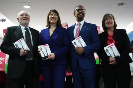 Left to right: former Labour leader Neil Kinnock, shadow chancerllor Rachel Reeves, Welsh Labour leader and first minister Vaughan Gething and shadow Welsh secretary Jo Stevens at the launch of the Welsh Labour manifesto at the Llay Miners Institute in Wrexham.