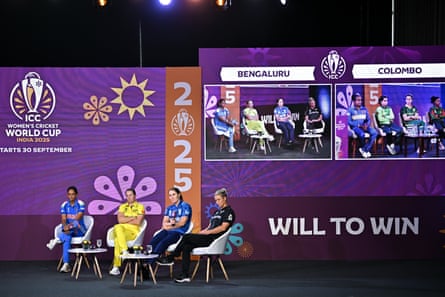 India’s captain Harmanpreet Kaur, Australia’s captain Alyssa Healy, England’s captain Nat Sciver-Brunt and New Zealand’s captain Sophie Devine attend the 2025 ICC Women’s Cricket World Cup Captains’ Day in Bengaluru