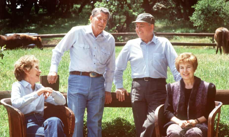 Nancy and Ronald Reagan with Mikhail and Raisa Gorbachev at the Reagans' California ranch, May 1990.