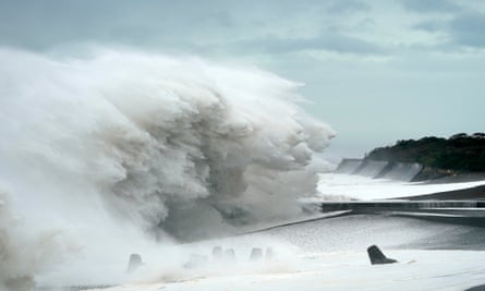 Surging waves generated by typhoon Hagibis hit the seashore in Mie prefecture.