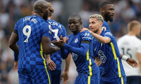 N'Golo Kanté is congratulated by Romelu Lukaku and Jorginho after scoring Chelsea’s second goal
