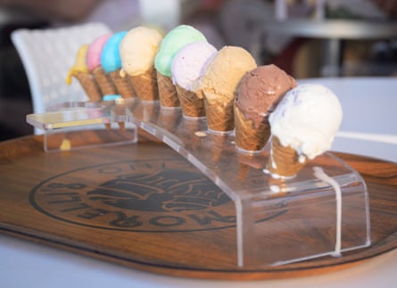 A row of ice-creams in cones at Morelli’s in Broadstairs, Kent, UK