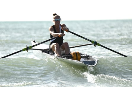Former New Zealand Olympic rower Emma Twigg competes in the women’s open coastal single sculls race during the 2025 Rowing NZ Beach Sprint Championships.