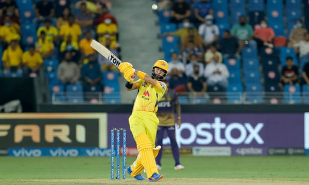 Moeen Ali of Chennai Super Kings hits a boundary on his way to a 20-ball 37