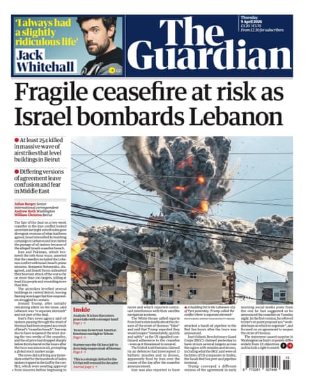 Guardian front page, Thursday 9 April 2026