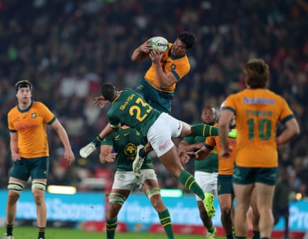 Joseph-Aukuso Suaalii flies high for the ball at Ellis Park