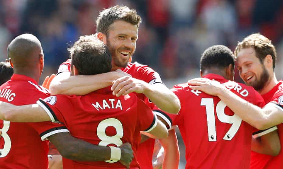 Michael Carrick celebrates after his pass created Manchester United’s winner against Watford at Old Trafford.