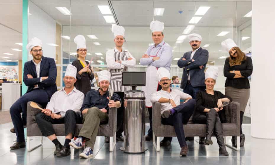 Men and women with moustaches and chef hats