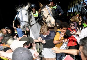 Police horses in a crowd of protesters