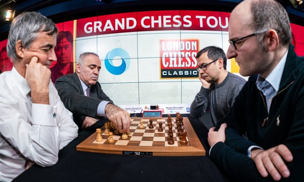 Garry Kasparov and Terry Chapman playing chess against the inventor of the Alpha Zero, Deepmind’s Demis Hassabis, and Matthew Sadler at the Google HQ London.