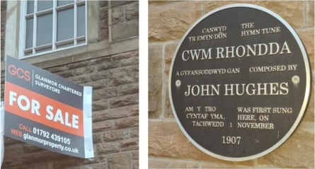 For sale sign and a plaque referencing Cwm Rhondda and John Hughes
