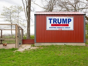 A sign for the Trump campaign, stating ‘Keeping America Great’, is fixed to a chicken shed in Ste. Genevieve County. The date 2020 is crossed out and amended to 2024. Even though Donald Trump won the state of Missouri, he lost the presidential election in 2020. His supporters in the area hope he will run for president in 2024 again.