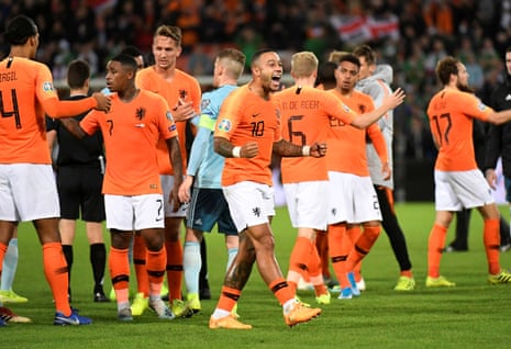 Netherlands’ Depay celebrates after their 2-1 win over Northern Ireland.