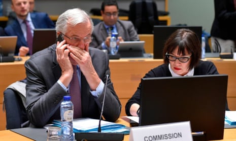 Michel Barnier, the EU’s chief Brexit negotiator, speaking on his mobile phone during a meeting of the EU general affairs council. He is briefing the EU27 on the state of the Brexit talks.
