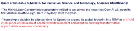 Screenshots of emails from NSW tech minister's office joking about SkyNet in an amended a press release last year on OpenAI opening a Sydney office.