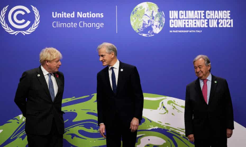 Boris Johnson and UN secretary general Antonio Guterres (right) greet Norway's prime minister, Jonas Gahr Store.