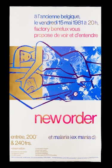 New Order, concert poster, Brussels, 1981, illustration and design by Benoît Hennebert In the summer of 1980, Factory Records made a European alliance with Belgium’s artful and sophisticated Les Disques du Crèpuscule, whose romantic image was predicated on the elegant, quirky work of Benoît Hennebert, their designer. The lush colours and mid-century style of this poster for a New Order concert in Brussels tease out a sense of restrained luxury from the austere aesthetic of the band.