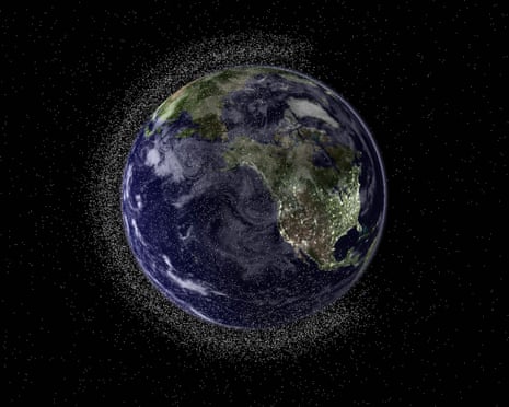 A file handout illustration image created by Australia's Electro Optic Systems (EOS) aerospace company  shows a view of the Earth from geostationary height depicting swarms of space debris.