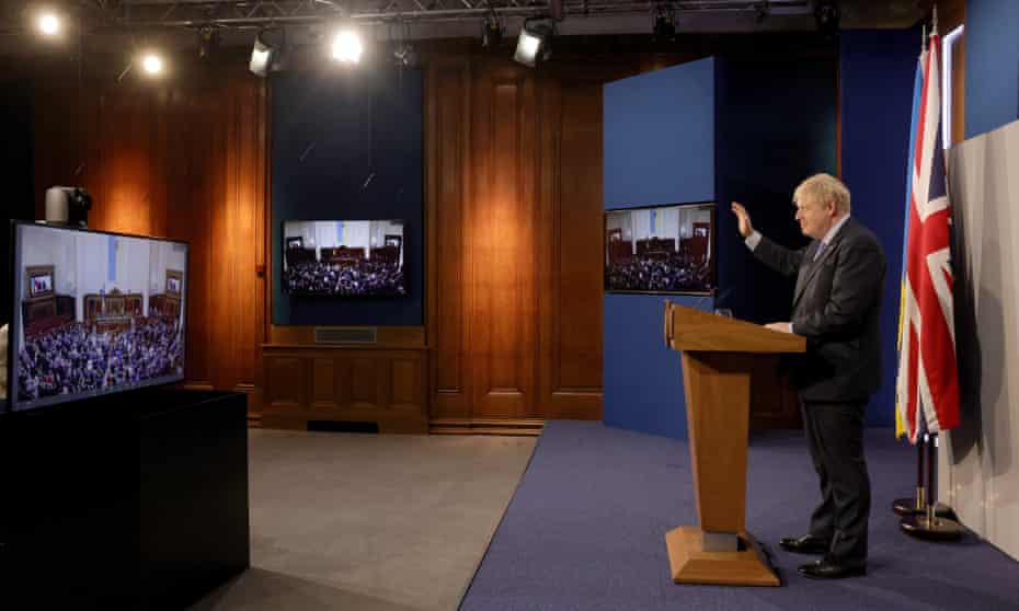 Boris Johnson addresses Ukraine’s parliament via video link from 10 Downing Street