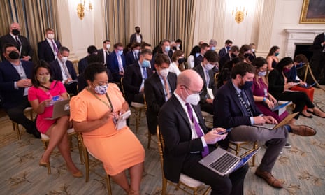 Here’s some of White House press corps (including the Guardian’s David Smith on the right towards the back with the massive pale blue face mask), hoping Joe Biden would take questions at the end of his address. The president did not.