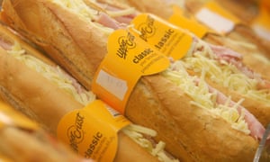 Upper Crust baguettes on display at an outlet at a railway station