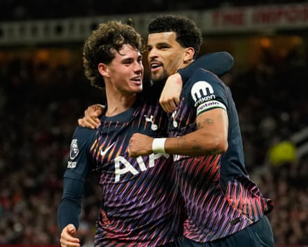 Dominic Solanke celebrates his goal with Tottenham teammate Archie Gray