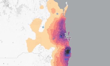 Flood map showing Queensland and northern NSW rainfall resulting in widespread flooding. Flood map shows extent of the 2022 eastern Australia floods